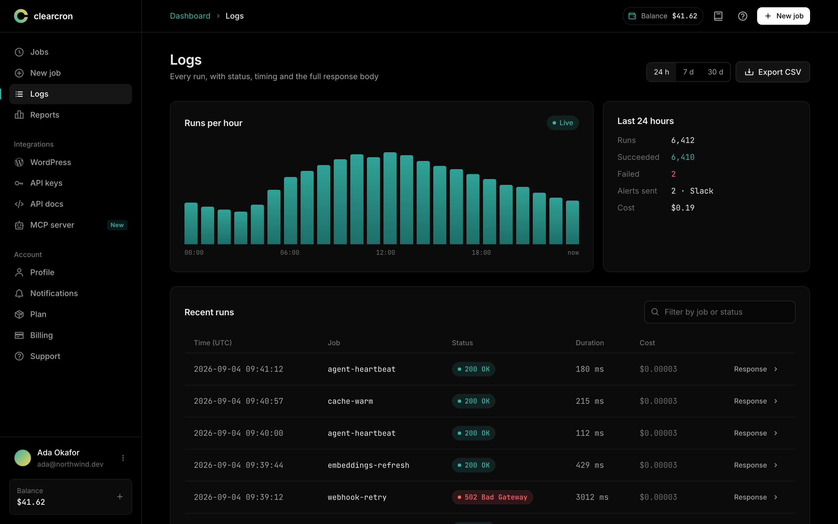 Run logs with status and duration