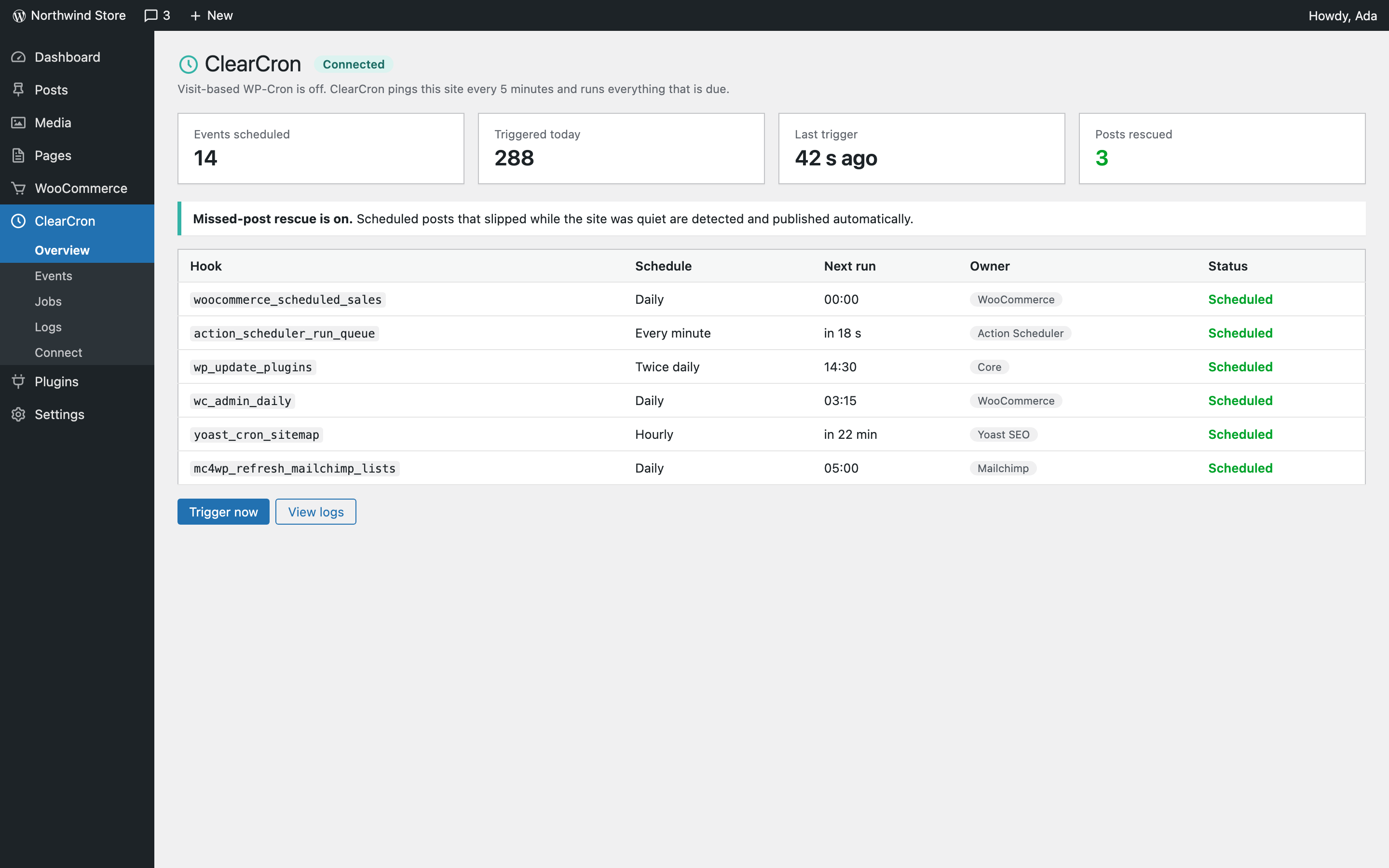 ClearCron plugin overview inside wp-admin showing scheduled events and trigger status